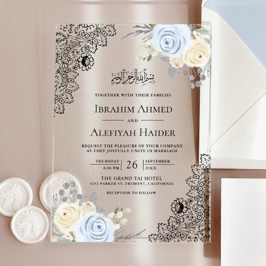 Rustic Cream Soft Blue Floral Lace Muslim Wedding Acryleinladungen