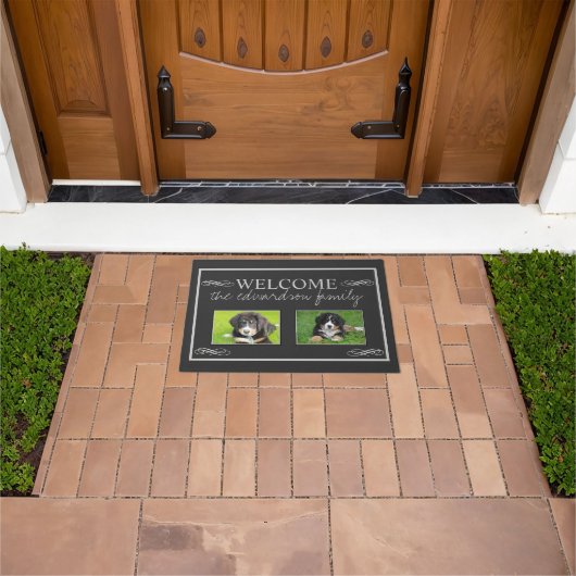 Rustic Custom Foto Familienname Begrüßung Fußmatte (Außenbereich)