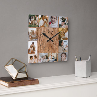 Rustic Custom Photo Collage Family Quadratische Wanduhr