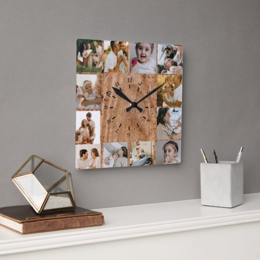 Rustic Custom Photo Collage Family Quadratische Wanduhr (Büro)
