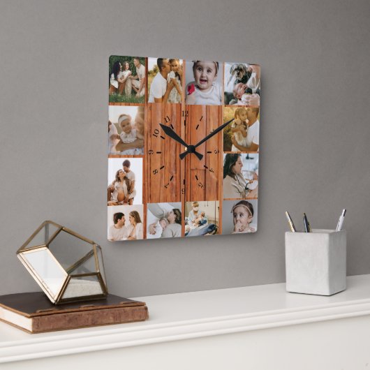 Rustic Custom Photo Collage Family Quadratische Wanduhr (Büro)