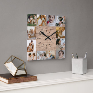 Rustic Custom Photo Collage Family Quadratische Wanduhr