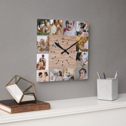 Rustic Custom Photo Collage Family Quadratische Wanduhr (Büro)