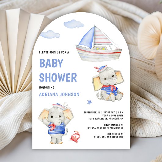 Rustic Cute Elephant Nautical Boat Baby Shower Einladung