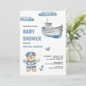 Rustic Cute Teddy Bear Nautical Boat Baby Shower Einladung (Stehend Vorderseite)