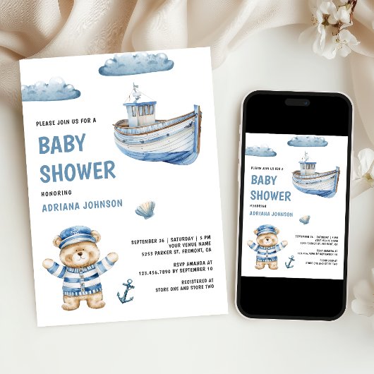 Rustic Cute Teddy Bear Nautical Boat Baby Shower Einladung
