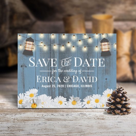 Rustic Daises & Lantern Dusty Blue Save the Date Ankündigungspostkarte