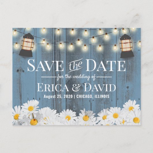 Rustic Daises & Lantern Dusty Blue Save the Date Ankündigungspostkarte (Vorderseite)