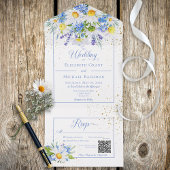 Rustic Daisies & Blue Floral Bouquet QR Code All In One Einladung