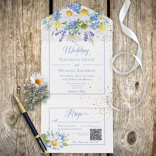Rustic Daisies & Blue Floral Bouquet QR Code All In One Einladung