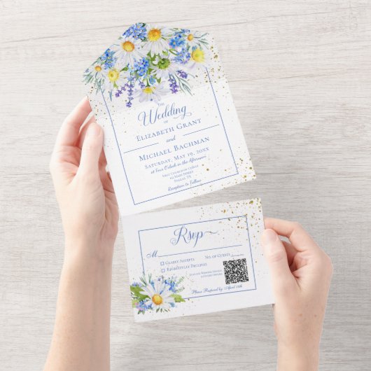 Rustic Daisies & Blue Floral Bouquet QR Code All In One Einladung (Abreißen)