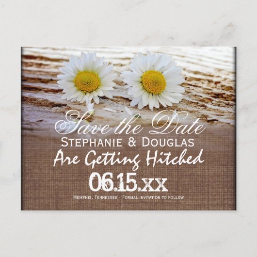 Rustic Daisies Burlap Save the Date Postkarten (Vorderseite)