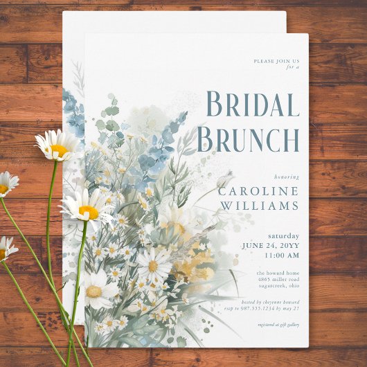 Rustic Daisies & Dusty Blue Floral Bridal Brunch Einladung