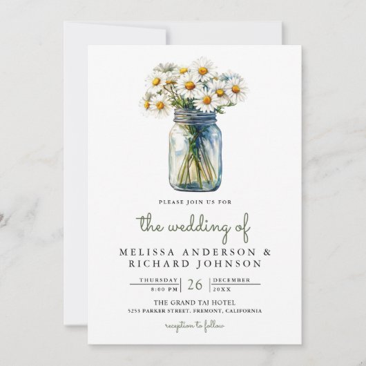Rustic Daisies Floral Mason Jar QR Code Wedding Einladung (Vorderseite)