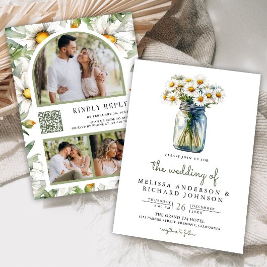 Rustic Daisies Floral Mason Jar QR Code Wedding Einladung
