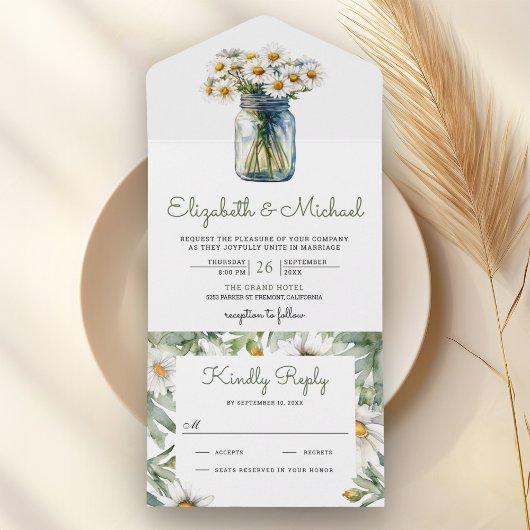 Rustic Daisies Floral Mason Jar Wedding All In One Einladung