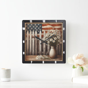 Rustic Daisy American Flag Farmhouse Quadratische Wanduhr