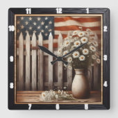 Rustic Daisy American Flag Farmhouse Quadratische Wanduhr (Vorderseite)