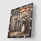 Rustic Daisy American Flag Farmhouse Quadratische Wanduhr (Winkel)