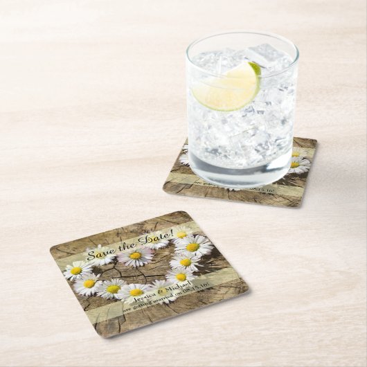 Rustic Daisy Heart Save the Date Rechteckiger Pappuntersetzer (Vor Ort)