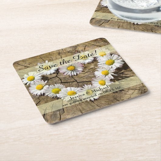 Rustic Daisy Heart Save the Date Rechteckiger Pappuntersetzer (angewinkelt)