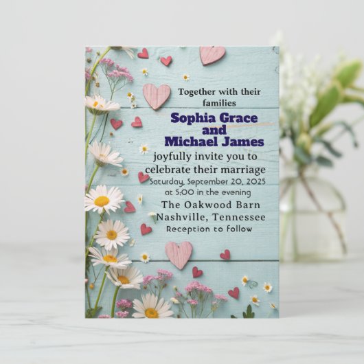 Rustic Daisy & Heart Wedding Einladung (Stehend Vorderseite)