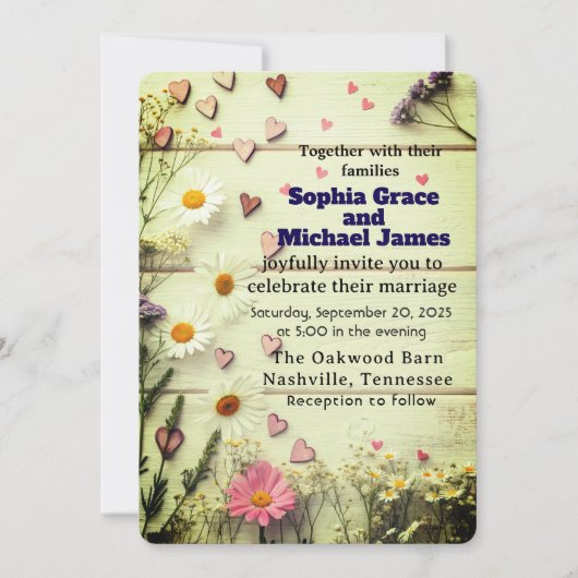 Rustic Daisy & Heart Wedding Einladung (Vorderseite)