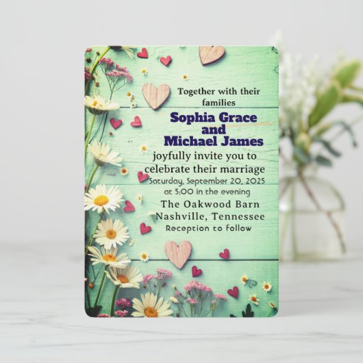 Rustic Daisy & Heart Wedding Einladung (Stehend Vorderseite)