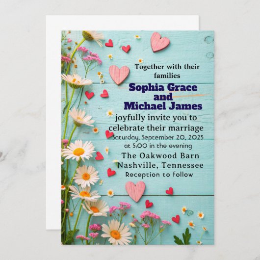 Rustic Daisy & Heart Wedding Einladung (Vorne/Hinten)