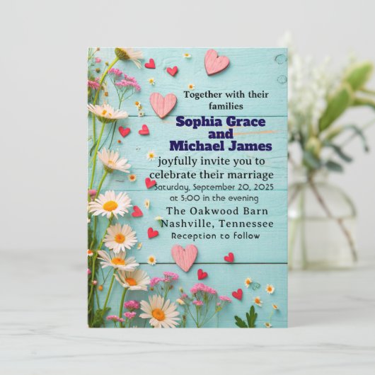 Rustic Daisy & Heart Wedding Einladung (Stehend Vorderseite)