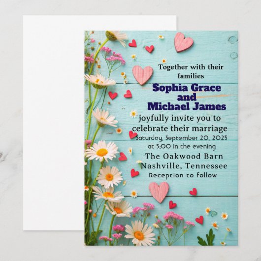 Rustic Daisy & Heart Wedding Einladung (Vorne/Hinten)