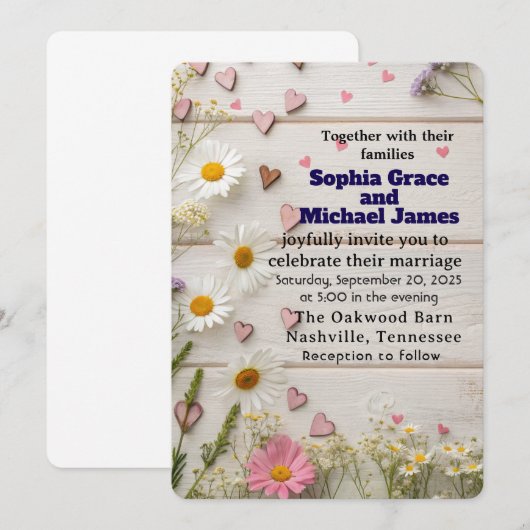 Rustic Daisy & Heart Wedding Einladung (Vorne/Hinten)