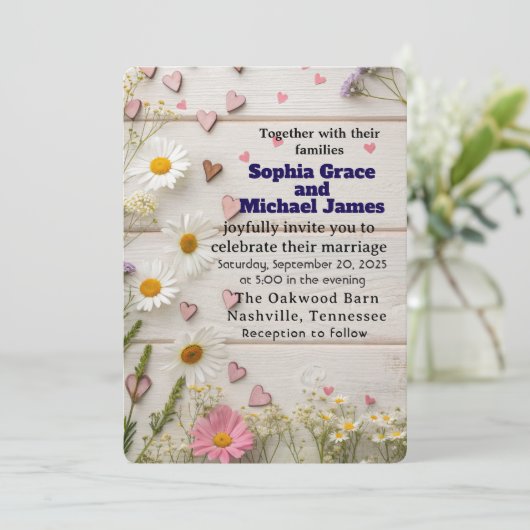 Rustic Daisy & Heart Wedding Einladung (Stehend Vorderseite)