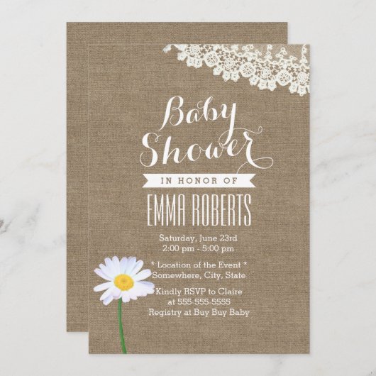 Rustic Daisy & Lace Burlap Baby Shower Einladungen (Vorne/Hinten)