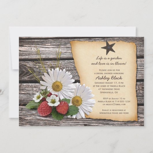 Rustic Daisy Strawberry Bridal Dusche Einladung (Vorderseite)