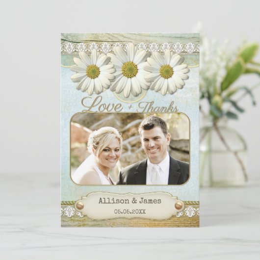 Rustic Daisy Wedding Foto Danke Karte (Stehend Vorderseite)