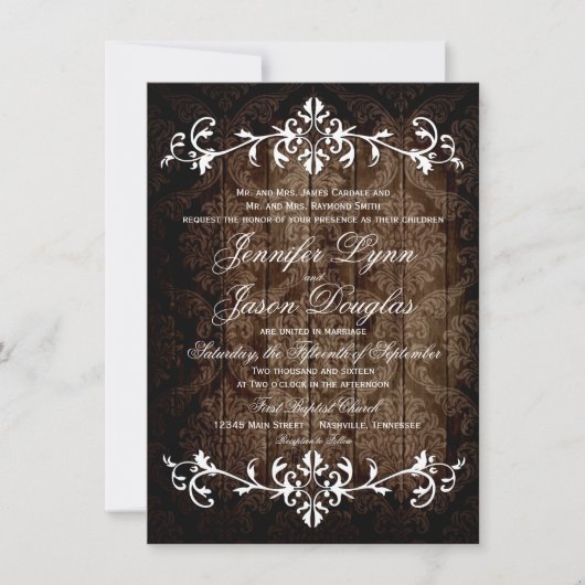 Rustic Damask Wood Blüh Hochzeitseinladungen Einladung (Vorderseite)