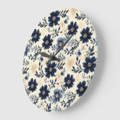 Rustic Dark Blue Beige Flower Folk Art Print Große Wanduhr (Winkel)