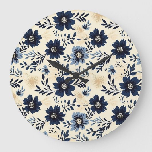 Rustic Dark Blue Beige Flower Folk Art Print Große Wanduhr (Vorderseite)