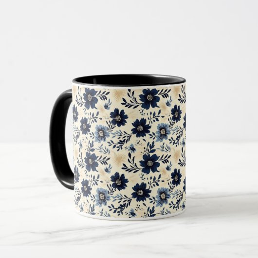 Rustic Dark Blue Beige Flower Folk Art Print Tasse (Vorderseite Links)