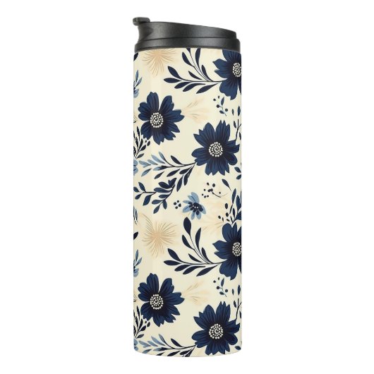 Rustic Dark Blue Beige Flower Folk Art Print Thermosbecher (Nach rechts gedreht)