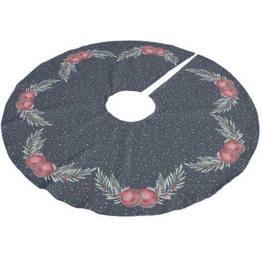 Rustic Dark Blue Snowy Weihnachtsballs Berries Polyester Weihnachtsbaumdecke (Schrägansicht)
