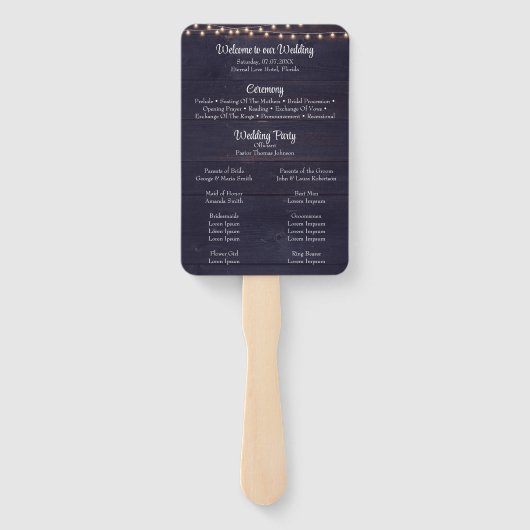 Rustic Dark Blue Wood String Light Wedding Program Fächer (Rückseite)