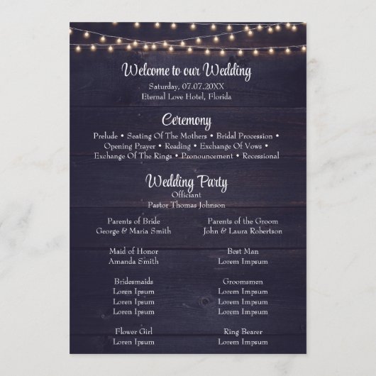 Rustic Dark Blue Wood String Light Wedding Program Programm (Rückseite)
