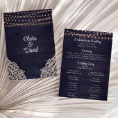 Rustic Dark Blue Wood String Light Wedding Program Programm