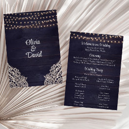 Rustic Dark Blue Wood String Light Wedding Program Programm