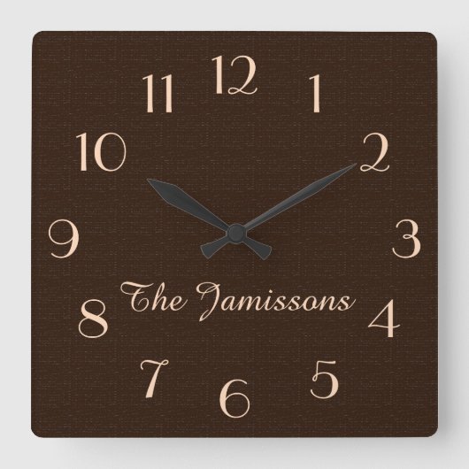 Rustic Dark Brown Faux Burlap Clock Personalized Quadratische Wanduhr (Vorderseite)