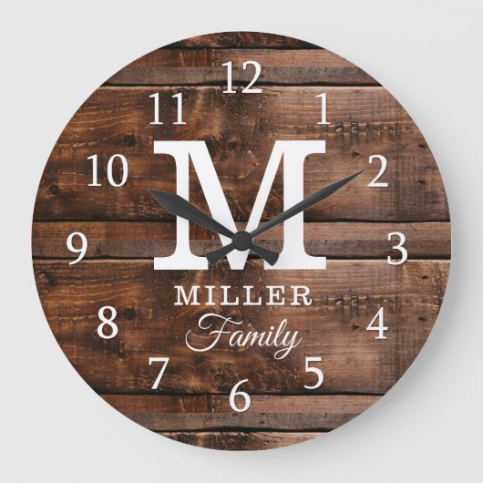 Rustic Dark Brown Wood Monogrammed Family Name Große Wanduhr (Vorderseite)