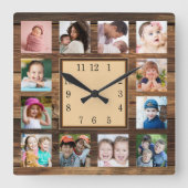 Rustic Dark Wood Family Keepsake 12 Photo Collage Quadratische Wanduhr (Vorderseite)