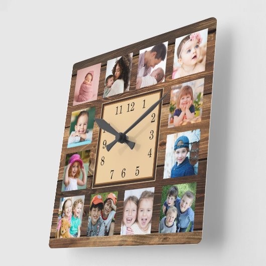 Rustic Dark Wood Family Keepsake 12 Photo Collage Quadratische Wanduhr (Winkel)
